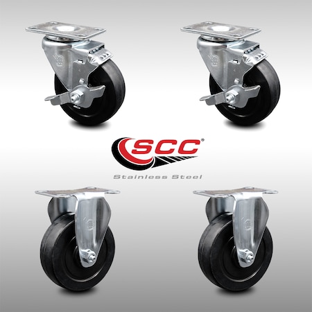Service Caster 4 Inch SS Soft Rubber Wheel Top Plate Caster Set with 2 Brake 2 Rigid SCC SCC-SS20S414-SRS-TLB-2-R-2